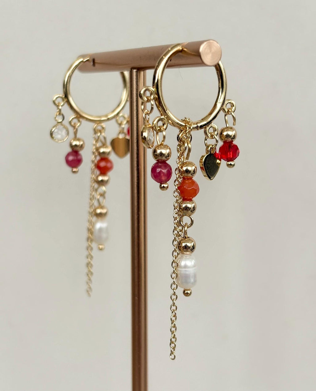Gold Huggie Hoop Earrings with Mixed Gemstone Charms