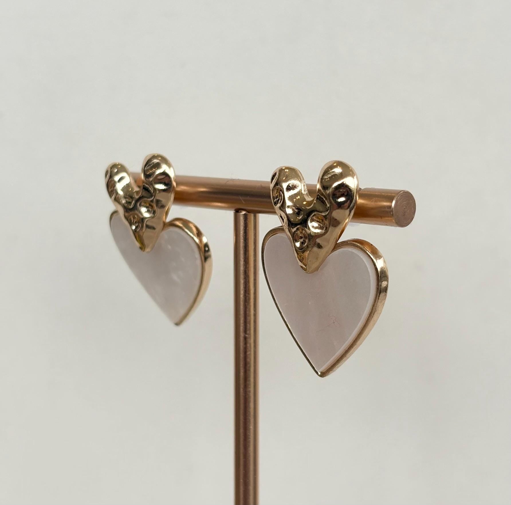 Hammered Gold Double Heart Earrings with pearlised drop