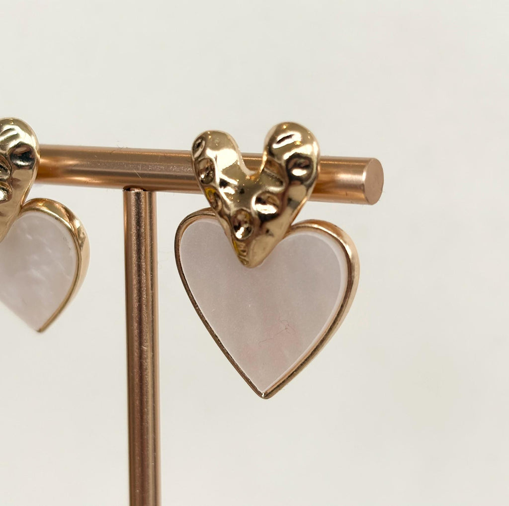 Hammered Gold Double Heart Earrings with pearlised drop