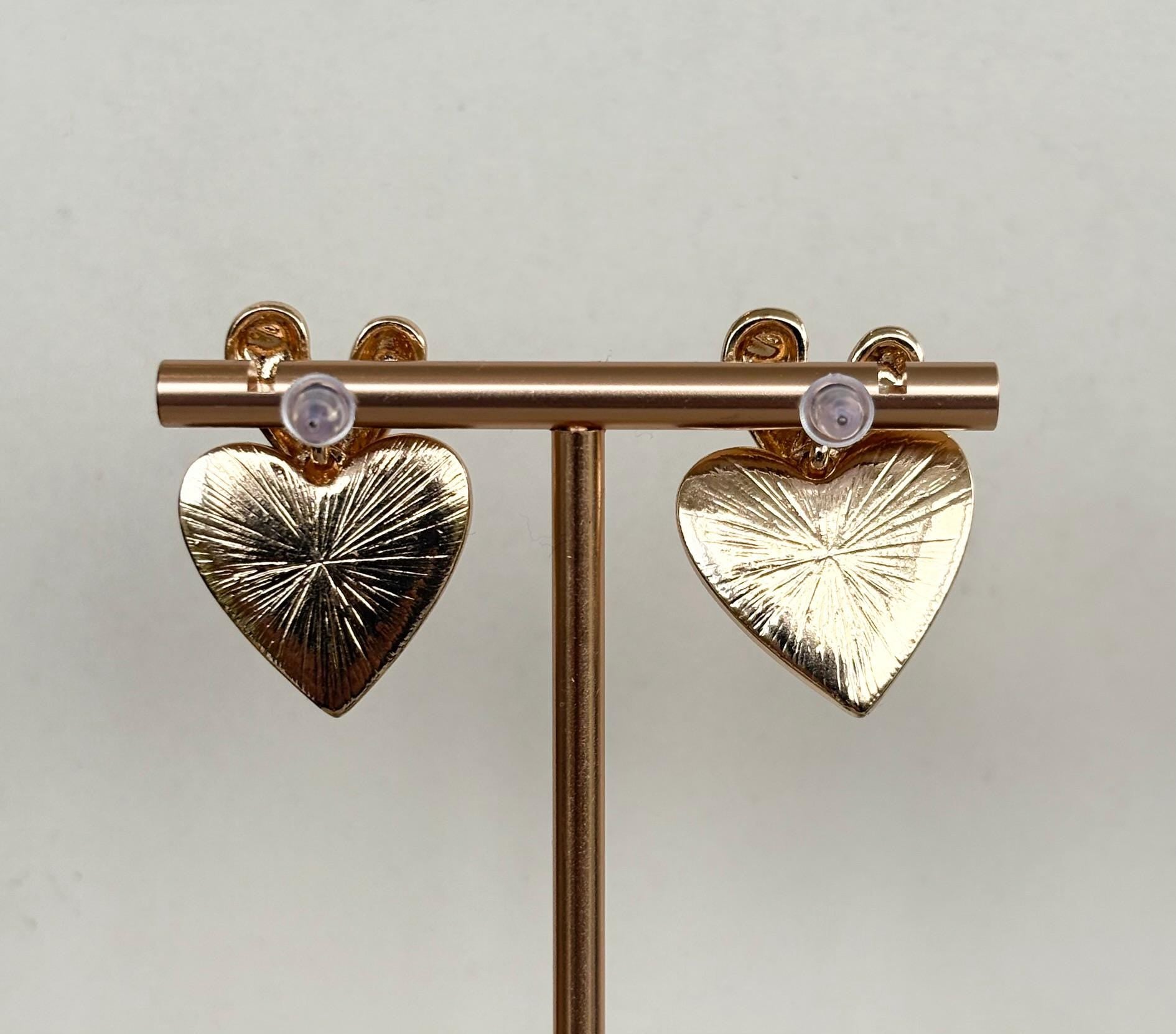 Hammered Gold Double Heart Earrings with pearlised drop