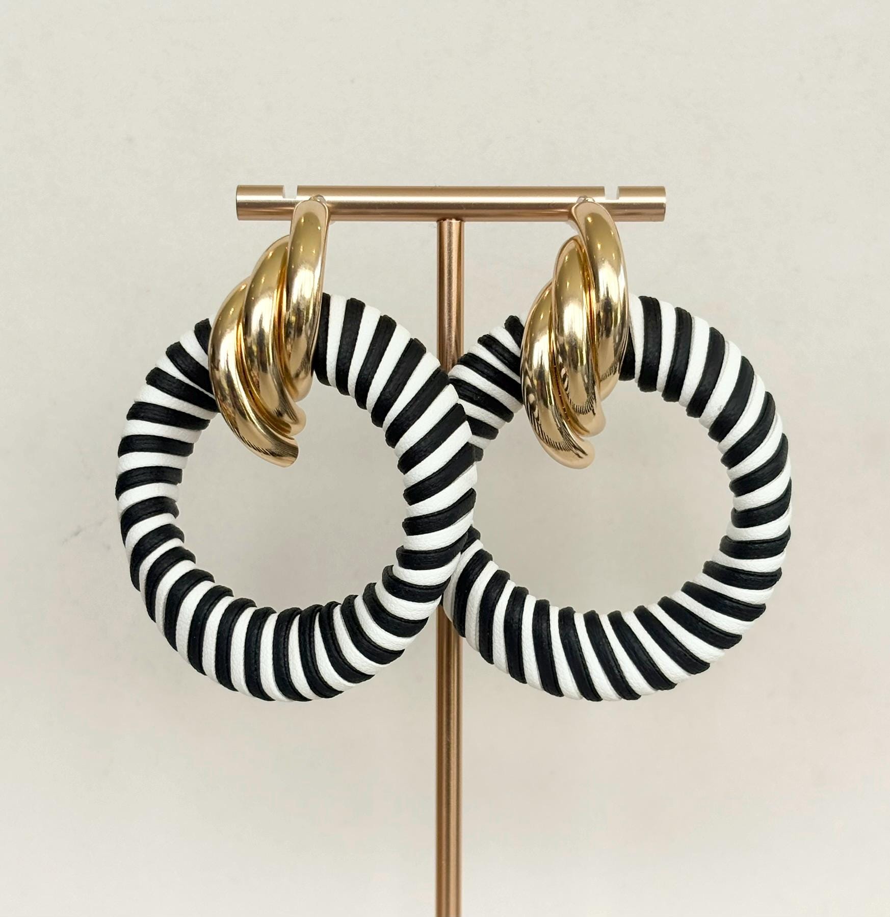 Riviera Black White Striped Twist Hoop Earrings