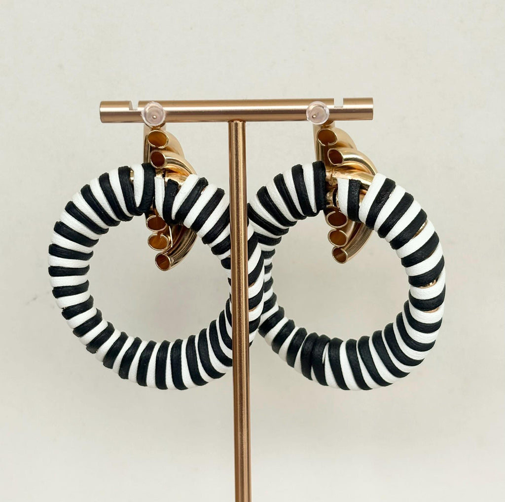 Riviera Black White Striped Twist Hoop Earrings