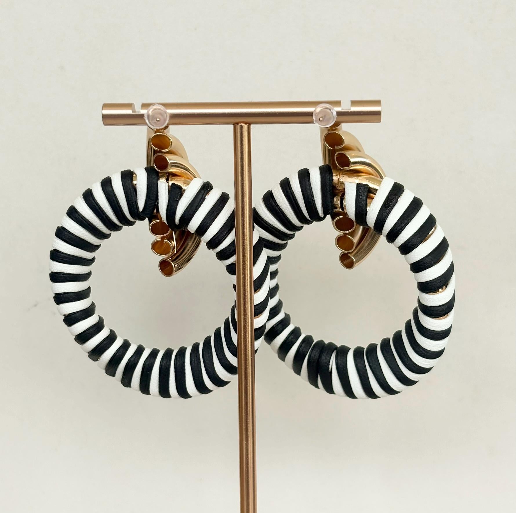Riviera Black White Striped Twist Hoop Earrings