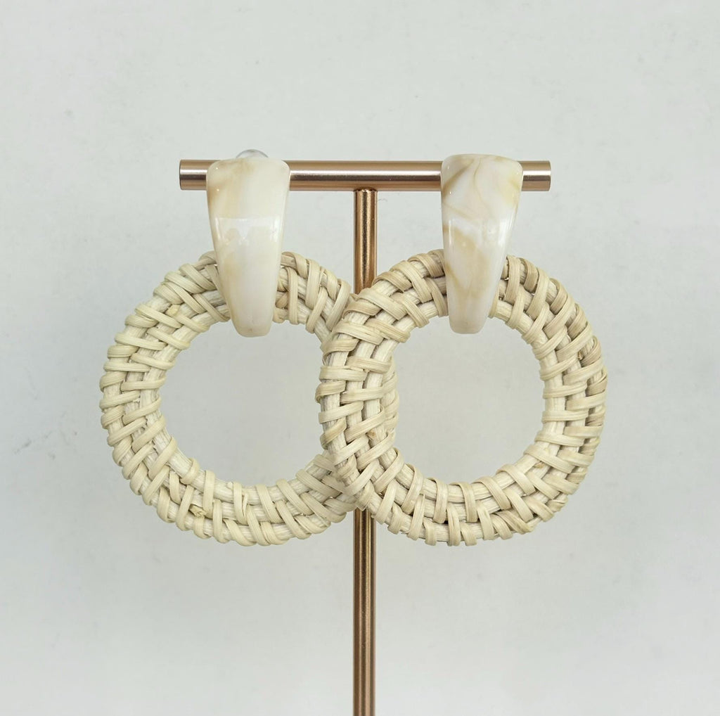 Beach House Cream Resin Rattan Hoop Drop Earrings