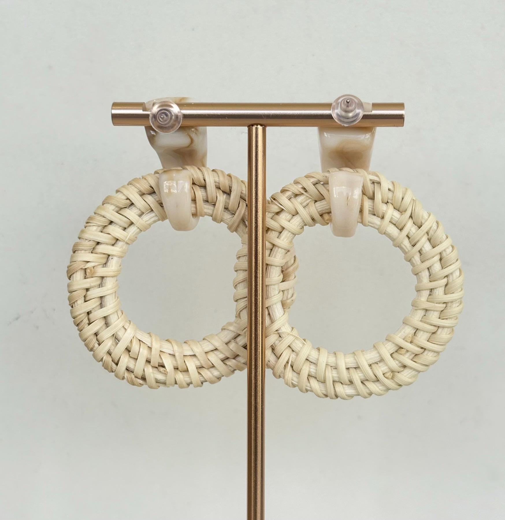 Beach House Cream Resin Rattan Hoop Drop Earrings