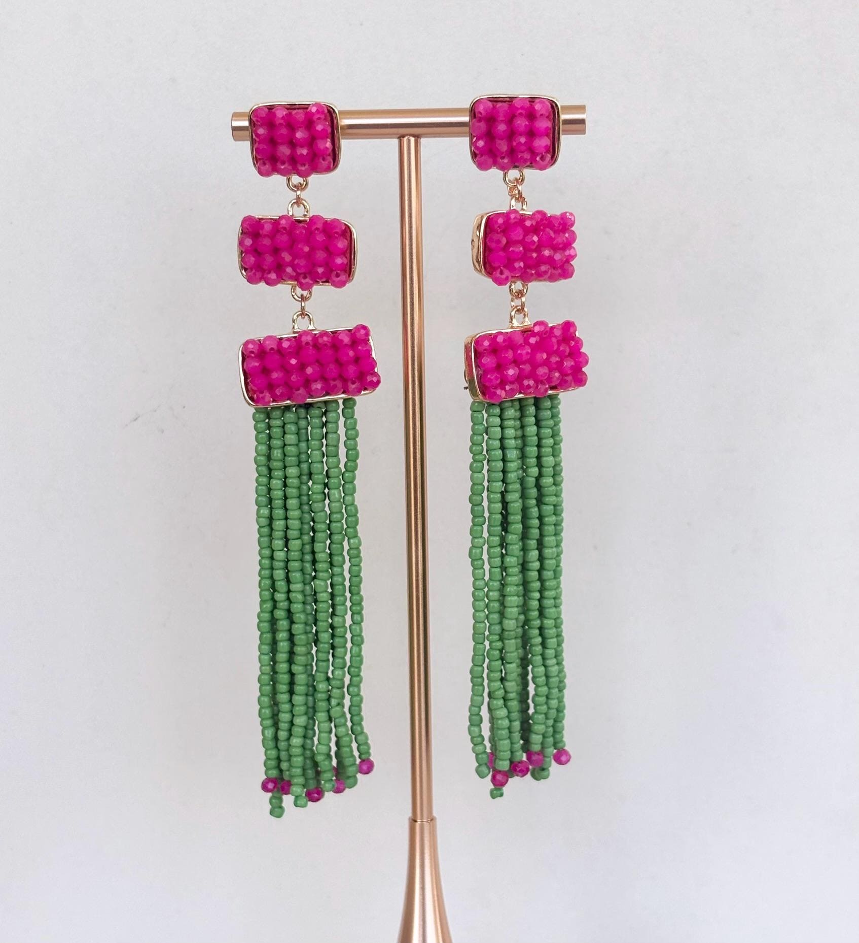 Fuchsia and Green Crystal Fringe Drop Earrings