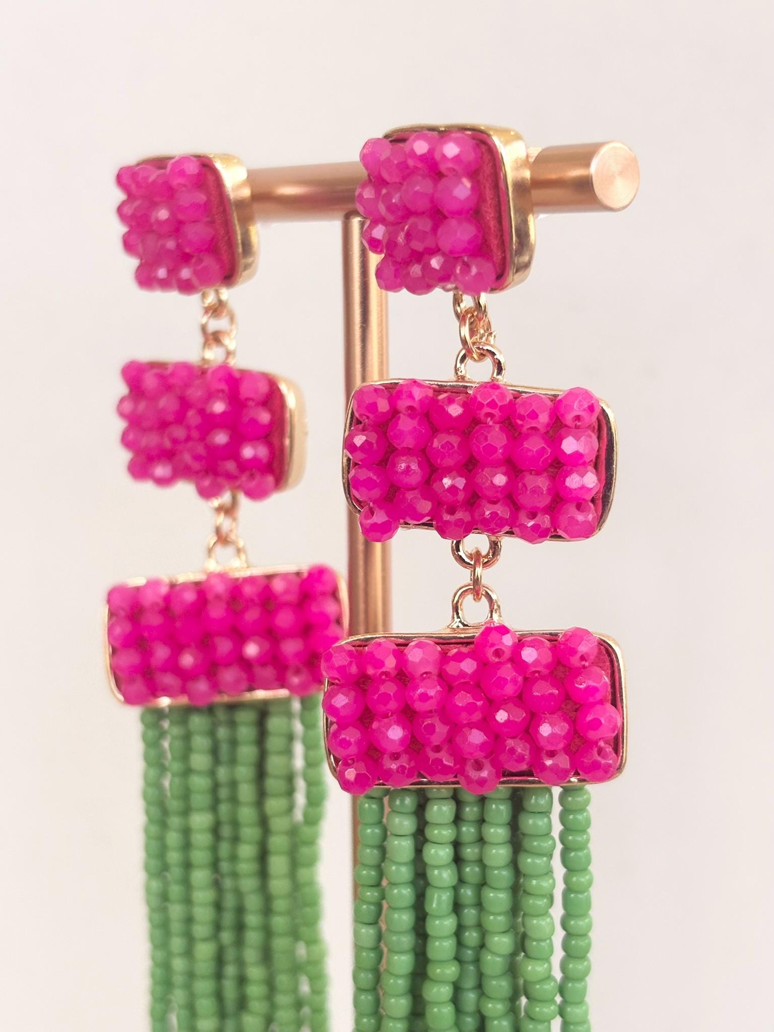 Fuchsia and Green Crystal Fringe Drop Earrings