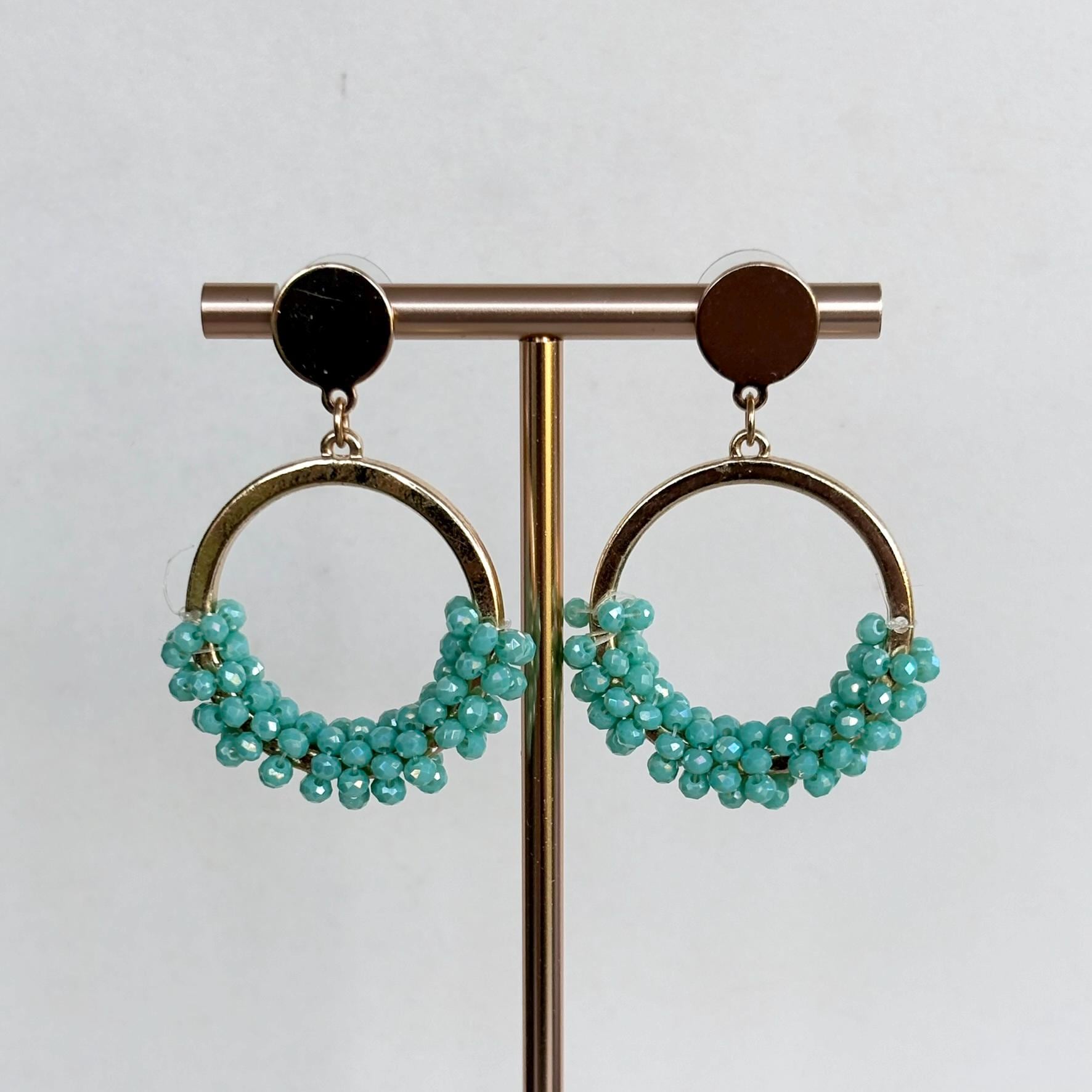 Teal Crystal Cluster Hoop Drop Earrings, Boho Statement Jewelry