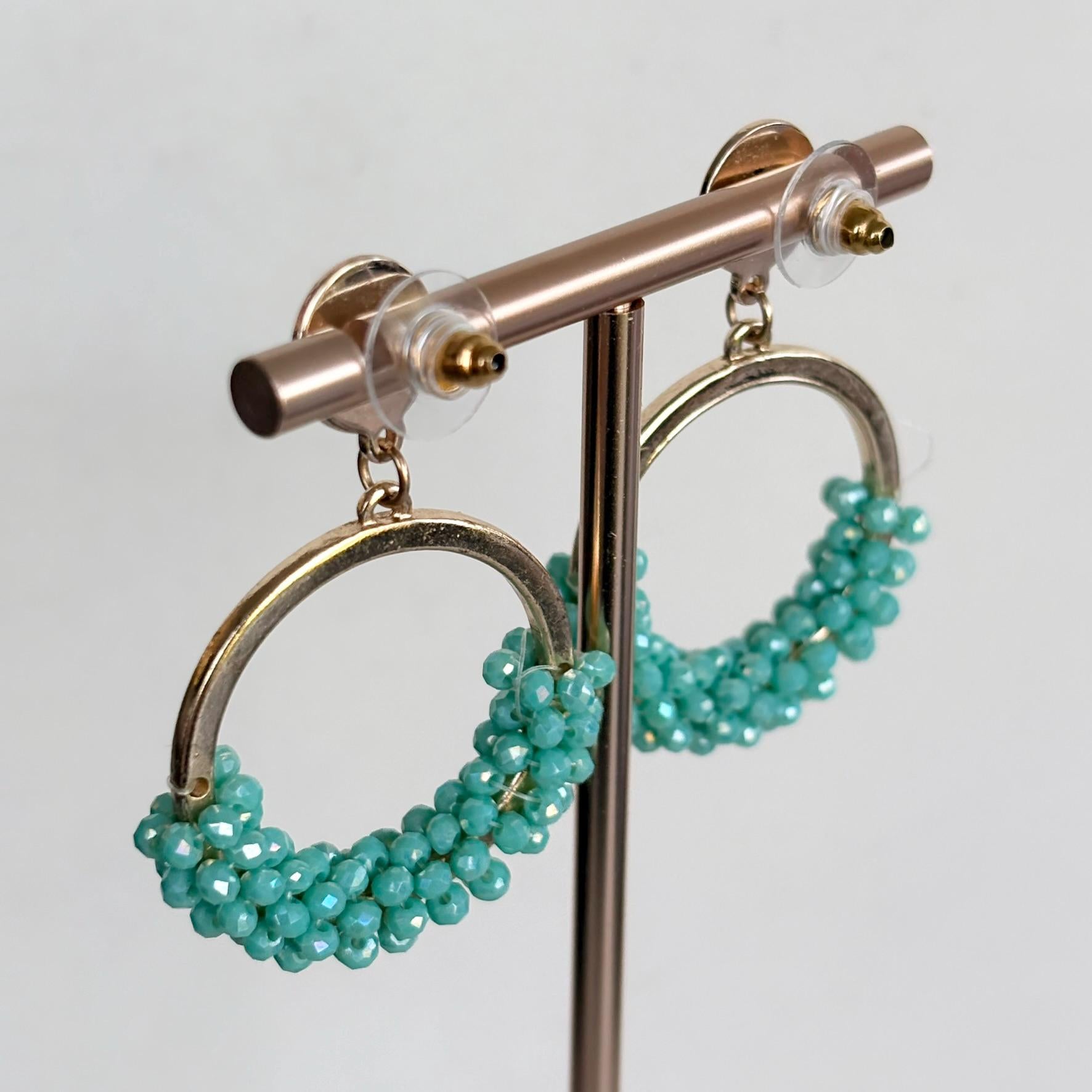 Teal Crystal Cluster Hoop Drop Earrings, Boho Statement Jewelry
