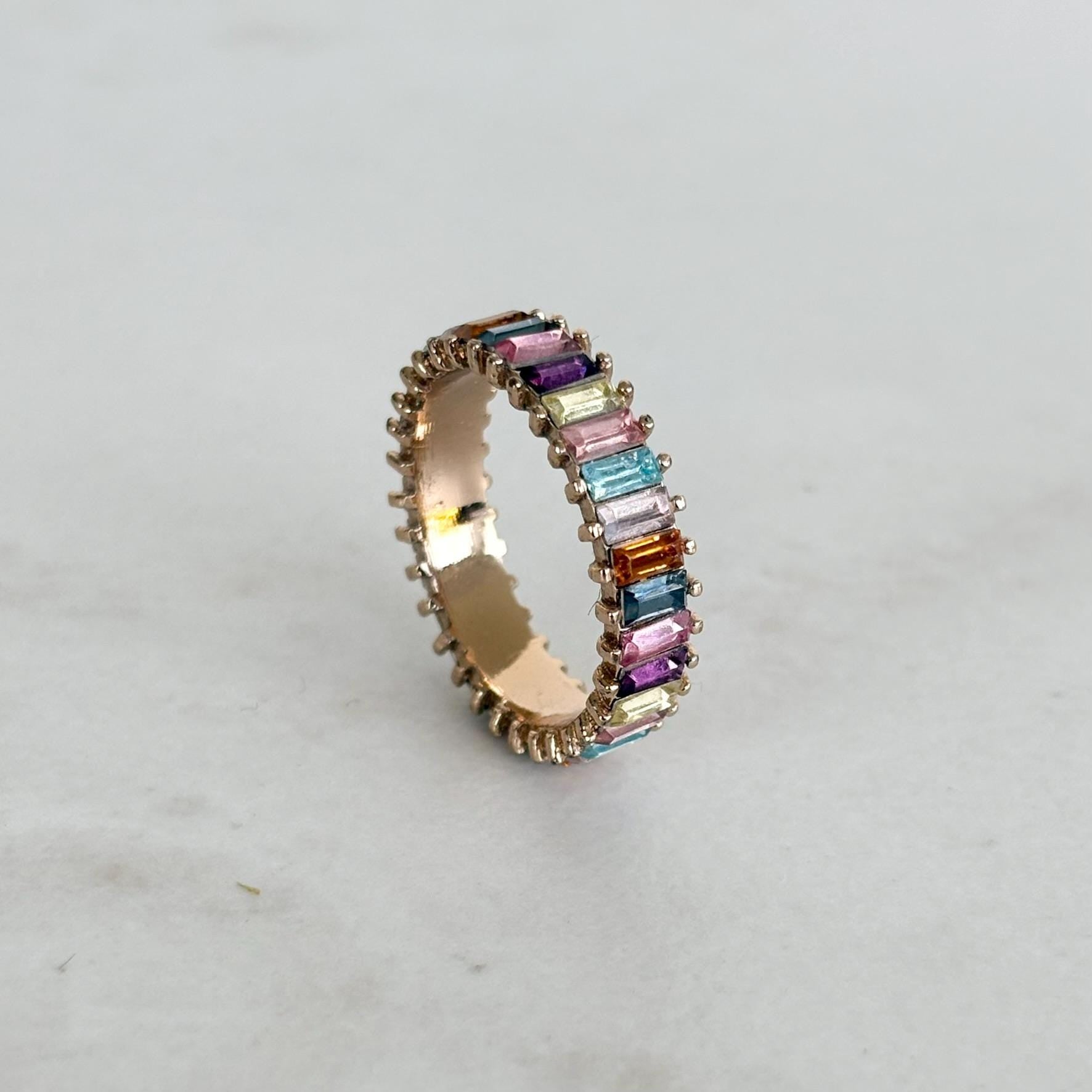Rainbow Baguette Eternity Ring, Multicolour Crystal