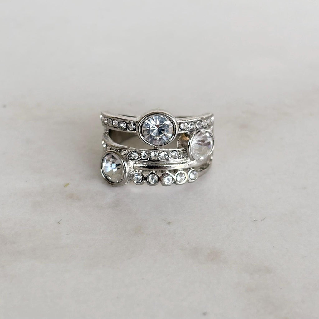 Silver Crystal Statement Ring with Wide Band Zircon