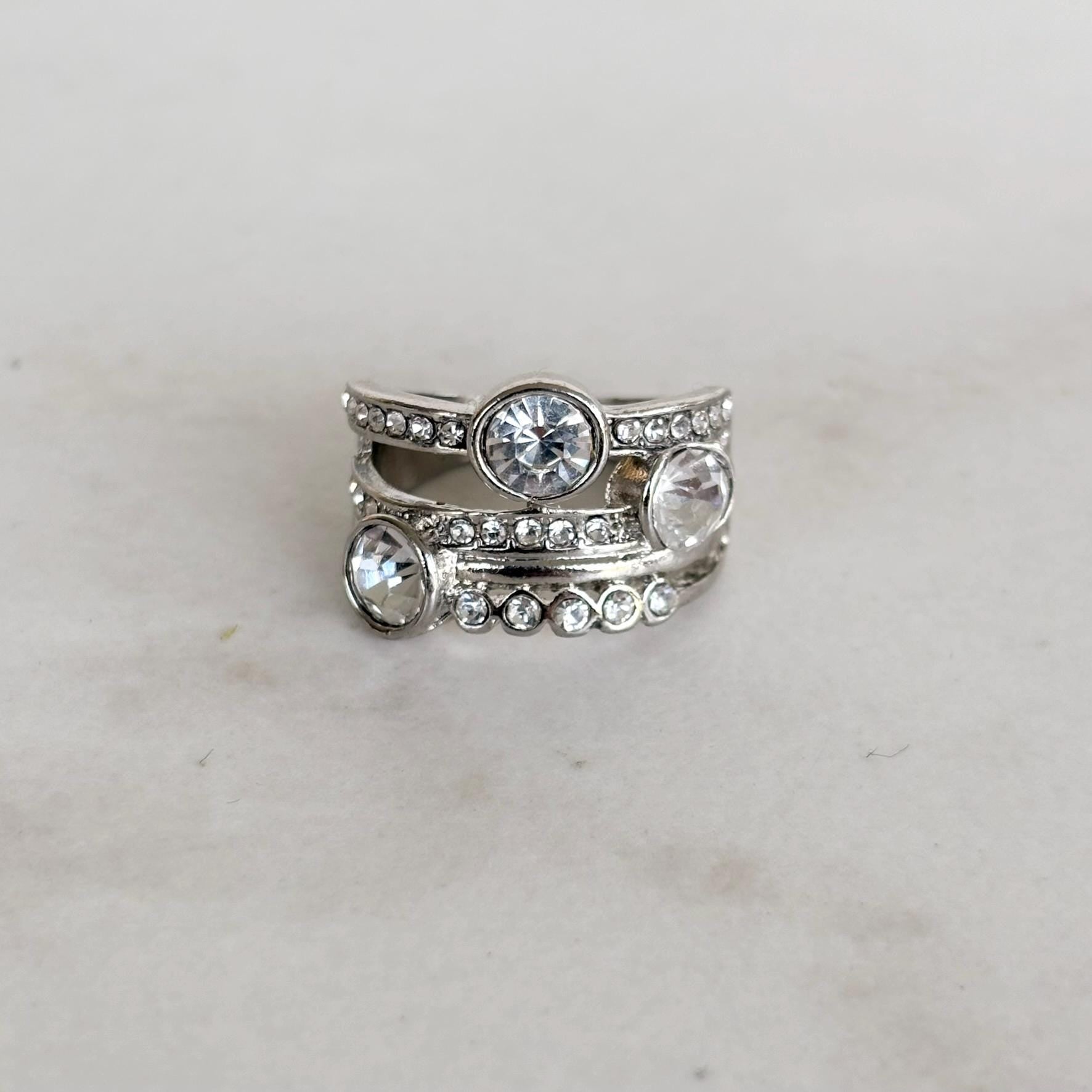 Silver Crystal Statement Ring with Wide Band Zircon