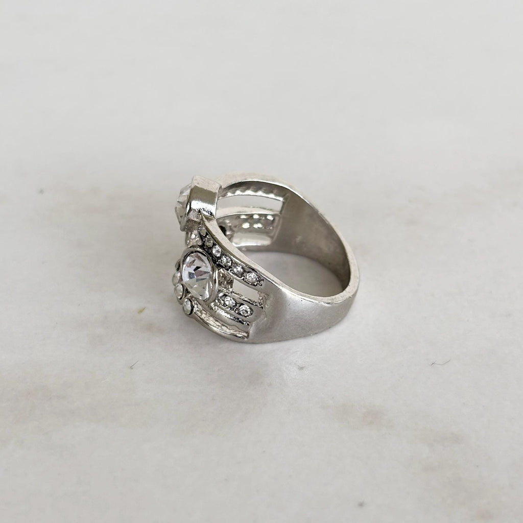 Silver Crystal Statement Ring with Wide Band Zircon