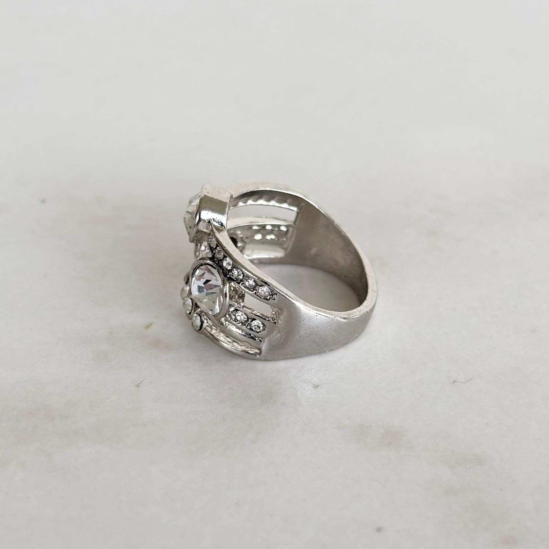 Silver Crystal Statement Ring with Wide Band Zircon