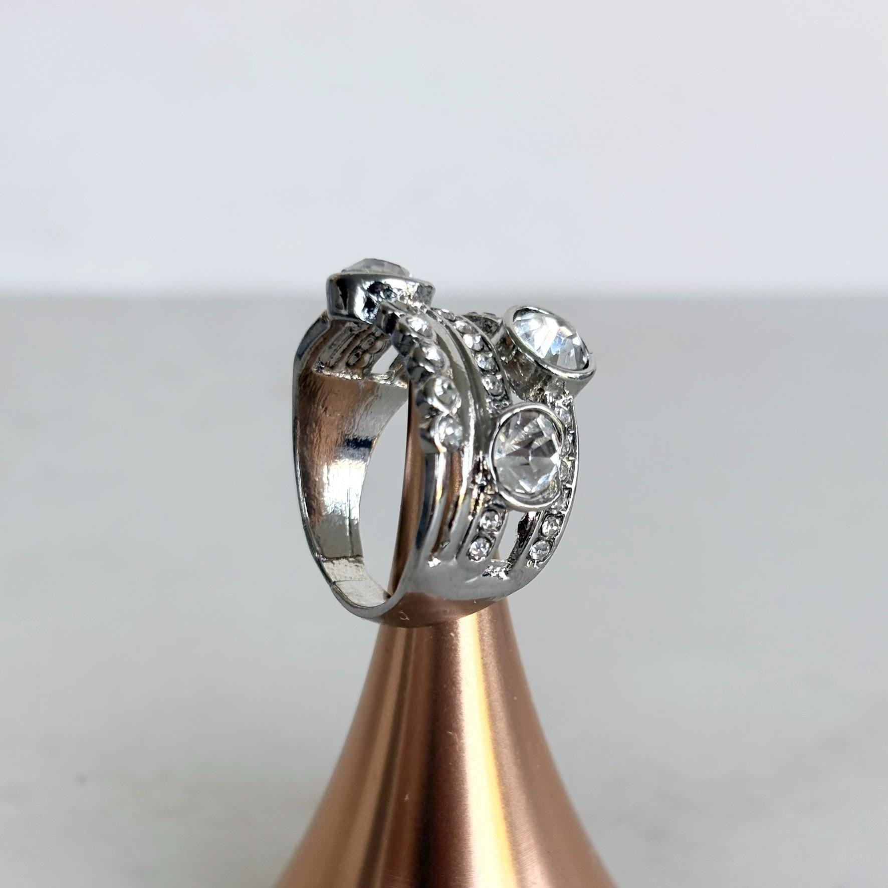 Silver Crystal Statement Ring with Wide Band Zircon