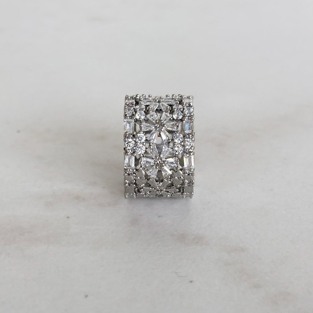 Wide Silver Band Ring with Zircon and Flower Detail