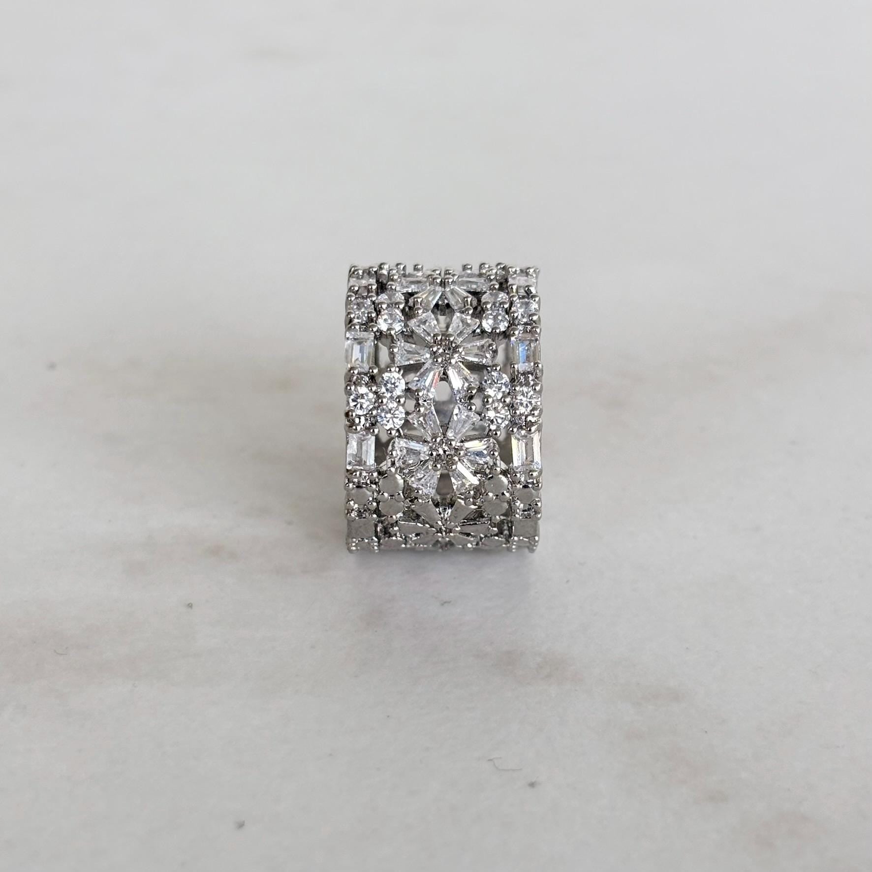 Wide Silver Band Ring with Zircon and Flower Detail