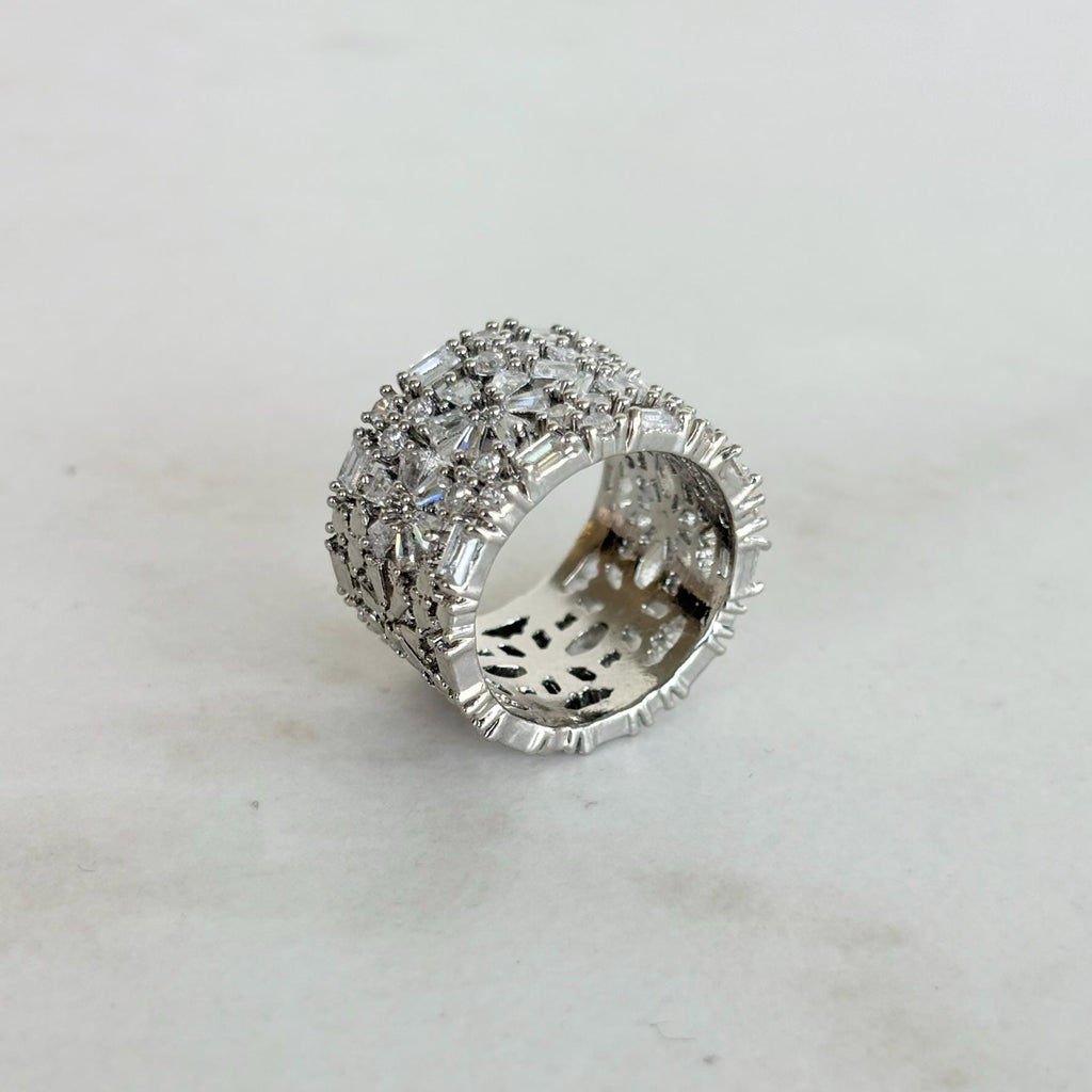 Wide Silver Band Ring with Zircon and Flower Detail