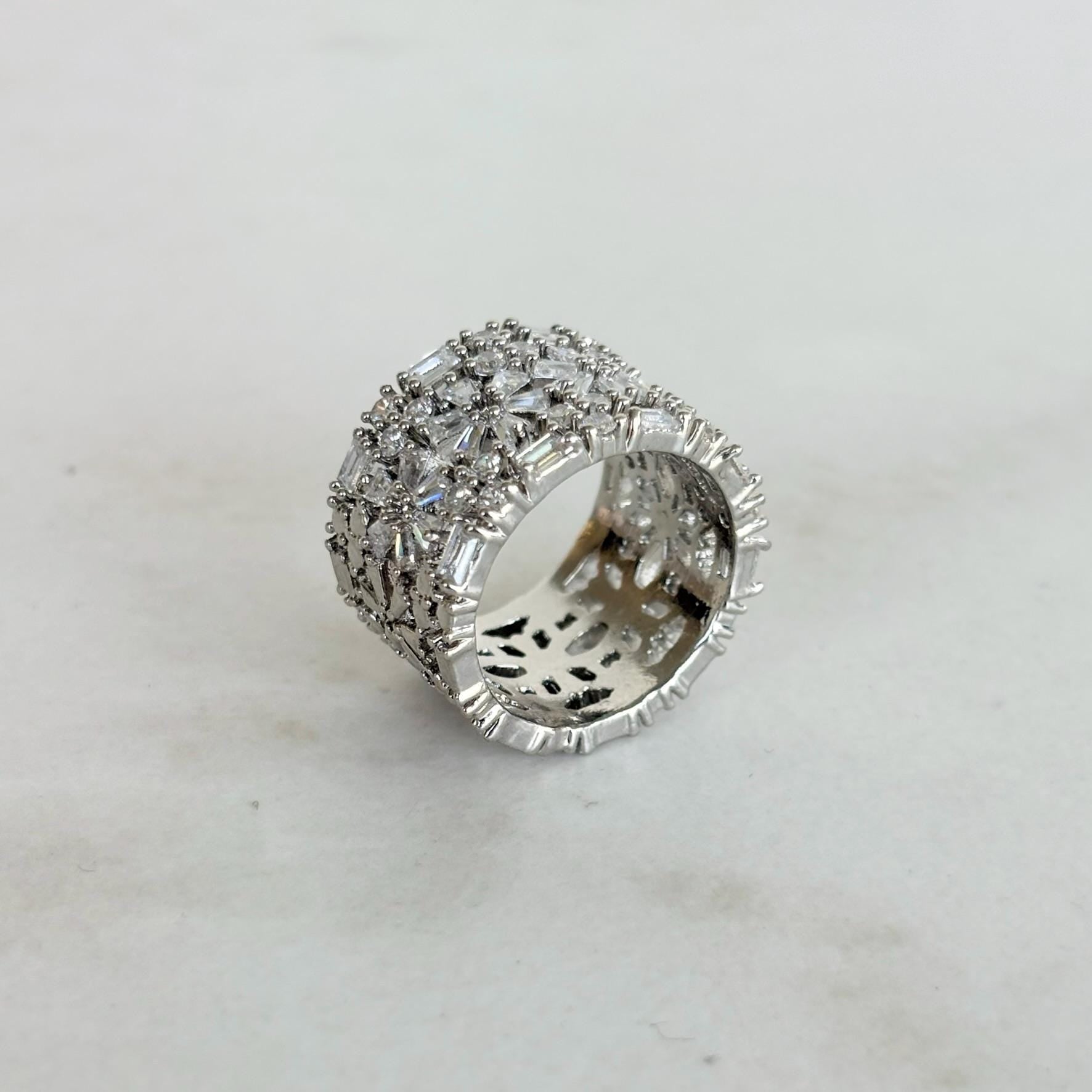 Wide Silver Band Ring with Zircon and Flower Detail