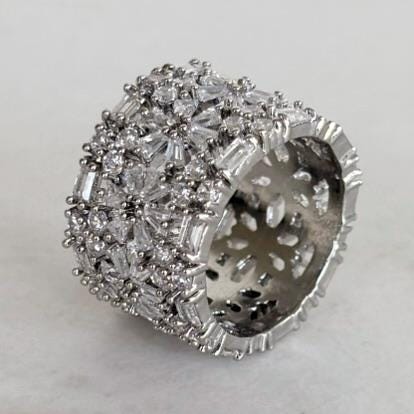 Wide Silver Band Ring with Zircon and Flower Detail