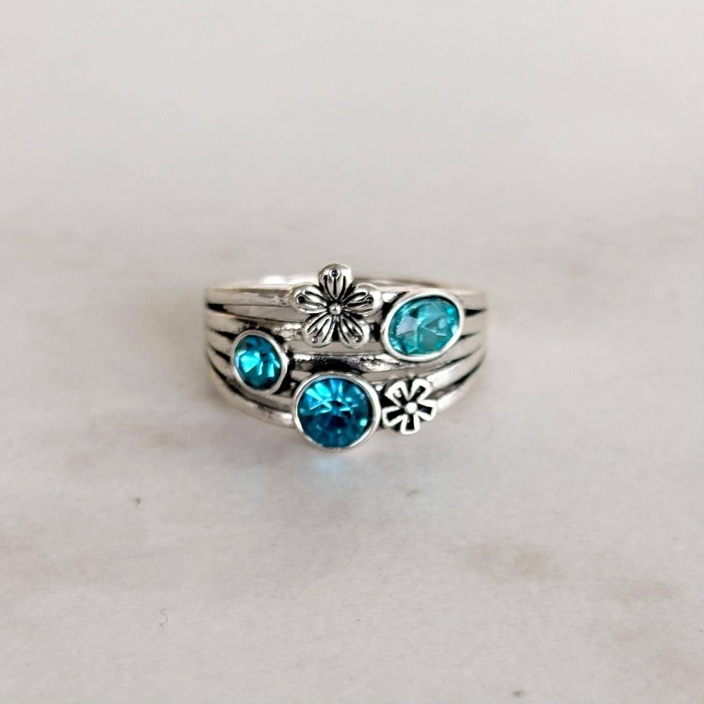 Silver Stacking Ring Blue Crystals and Flower Charm