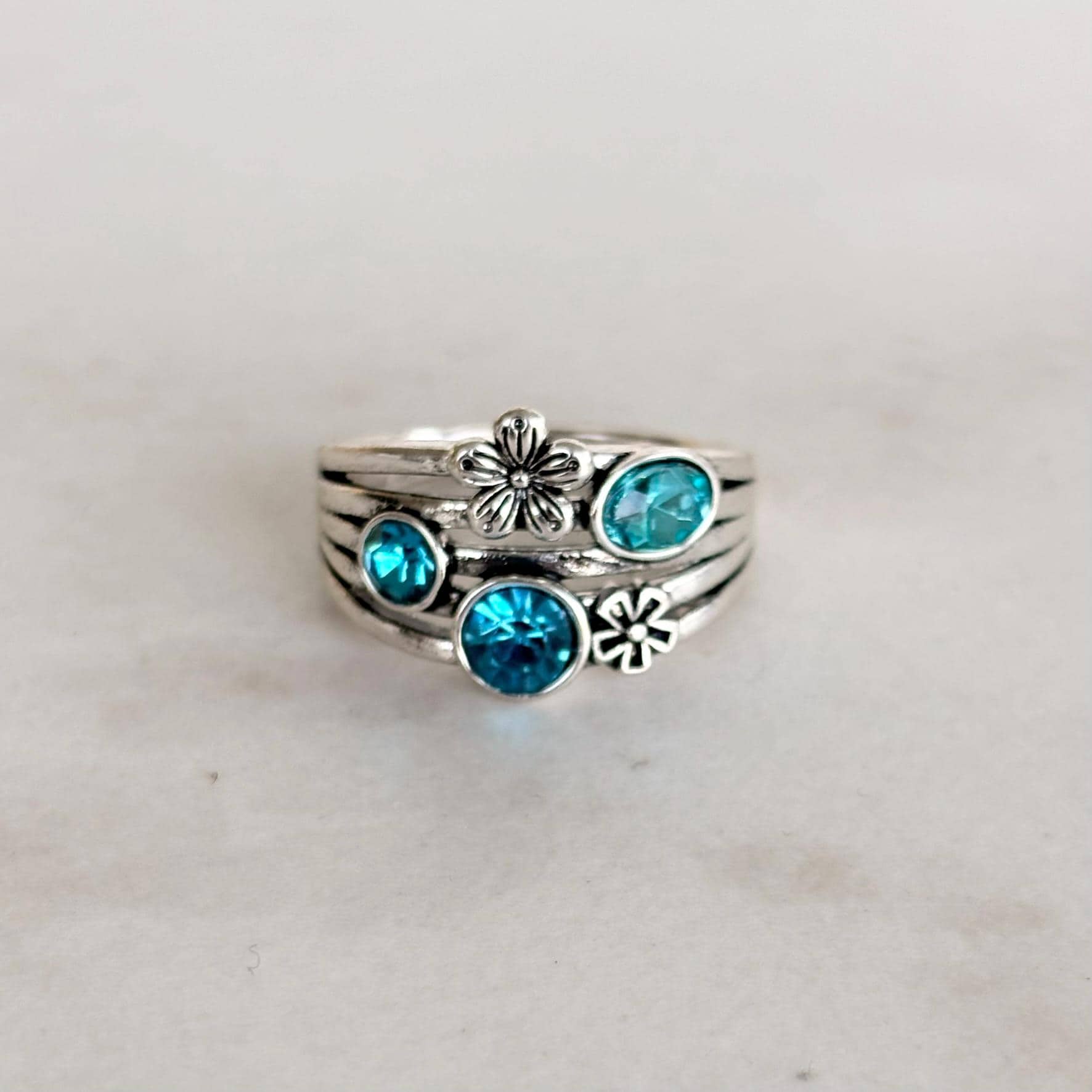 Silver Stacking Ring Blue Crystals and Flower Charm