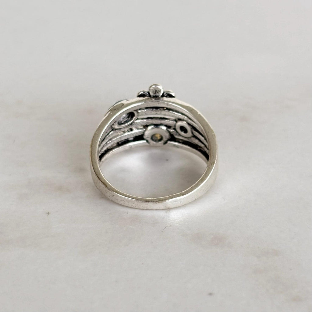Silver Stacking Ring Blue Crystals and Flower Charm