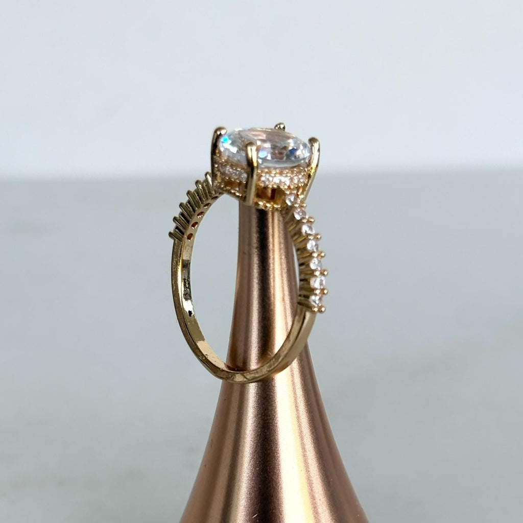 Gold Oval Zircon Solitaire Pave Shoulders Ring
