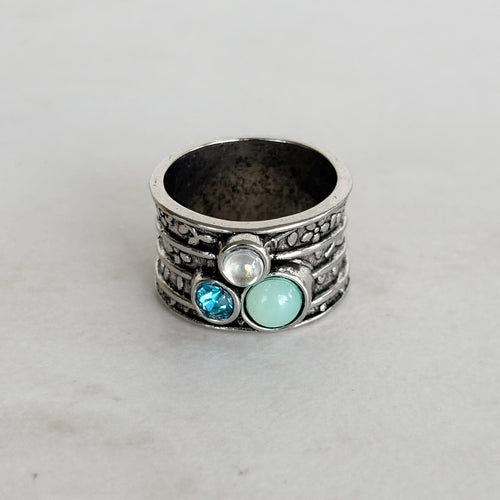 Boho Turquoise Opal Ring, Antiqued Silver Textured Band, Statement Bohemian Jewelry