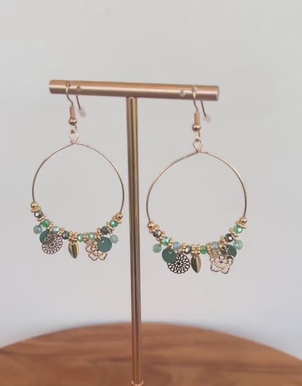 Teal and Sage Beaded Charm Hoop Earrings
