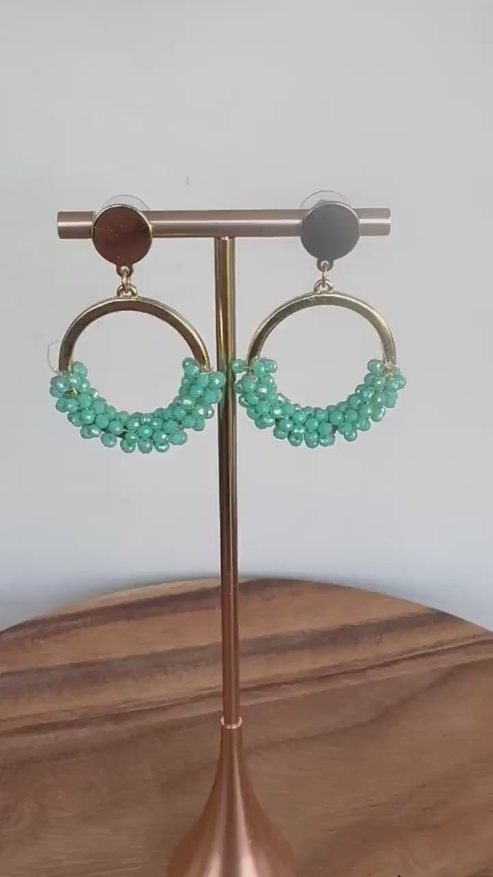Teal Crystal Cluster Hoop Drop Earrings, Boho Statement Jewelry