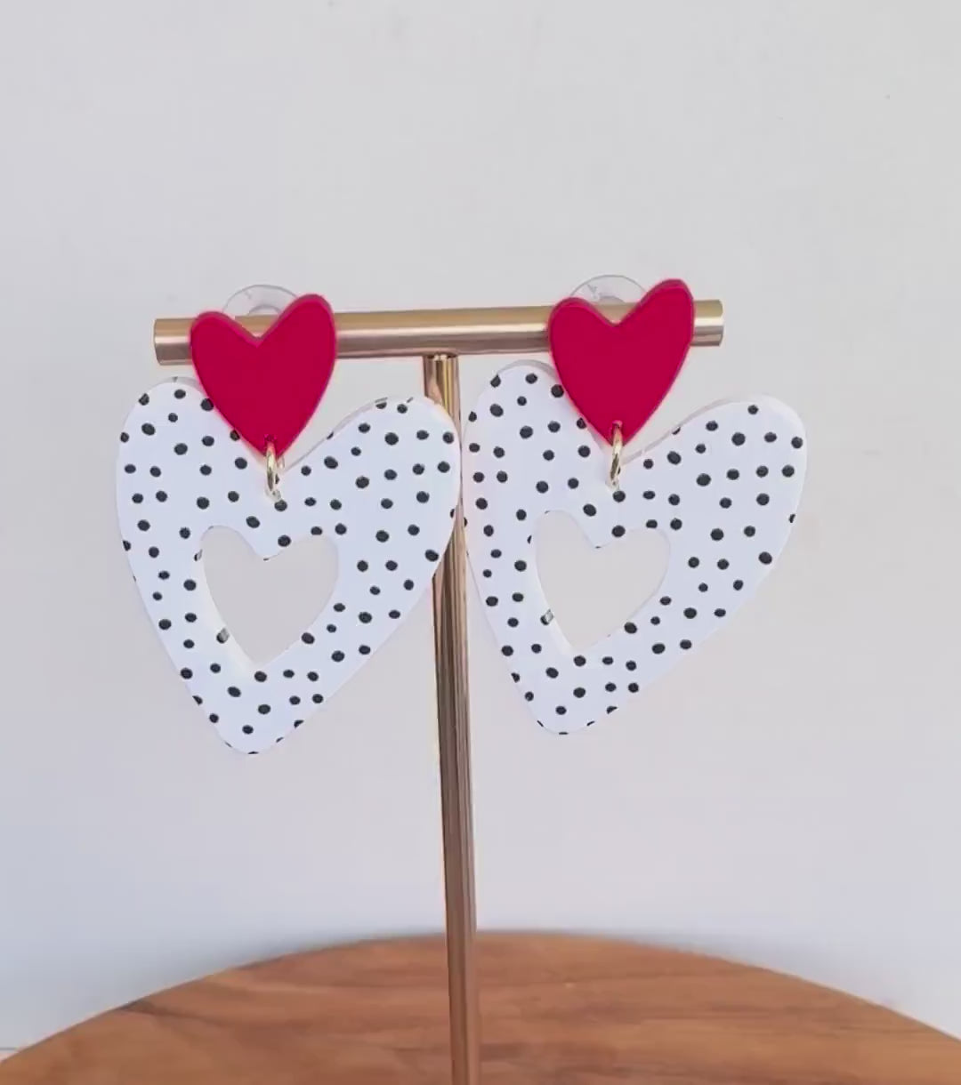 Red Heart on Black and White Polka Dot Heart Drop Earrings