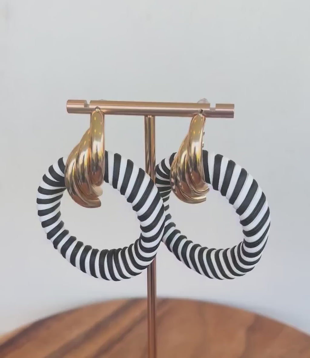 Riviera Black White Striped Twist Hoop Earrings