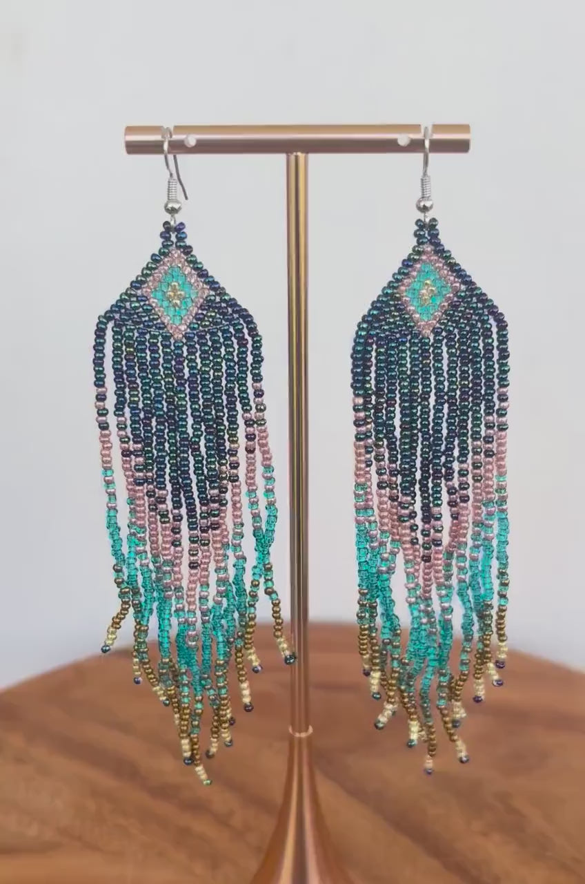 Blue and Turquoise Beaded Tassel Earrings