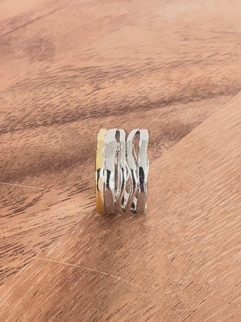 Wide Silver Wave Ring with Gold Rim Edge