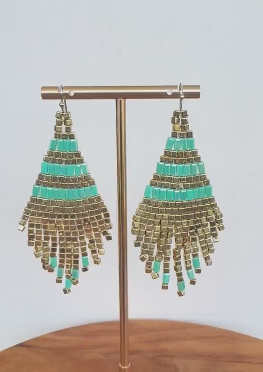 Art Deco Turquoise Gold Beaded Fringe Earrings
