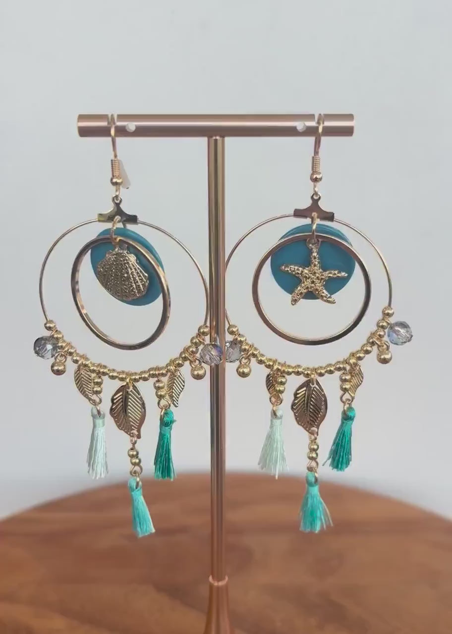 Seashell Charm Turquoise Tassel Hoop Earrings