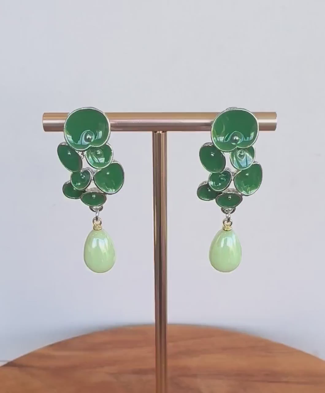 Green Petal Cluster Earrings with Mint Pearl Drops