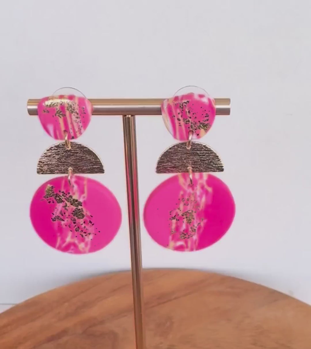 Hot Pink & Gold Marbled Polymer Clay Earrings