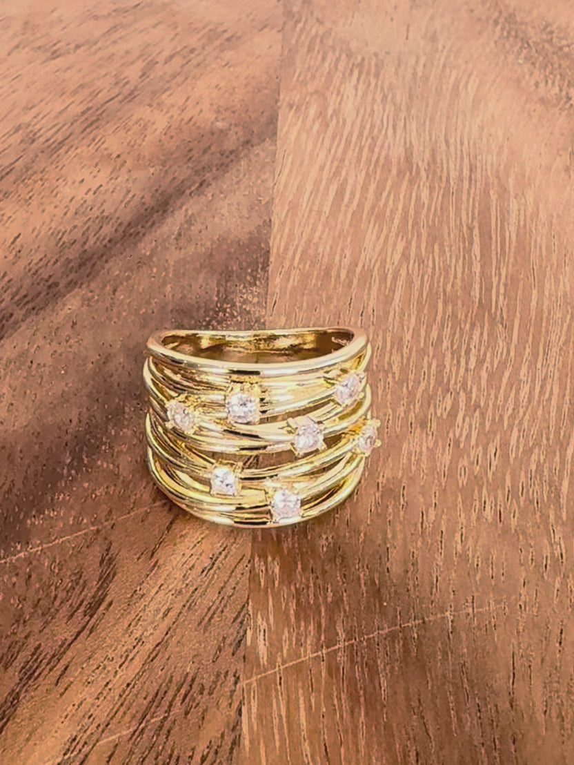 Gold Wide Lattice Ring with Scattered Jewels
