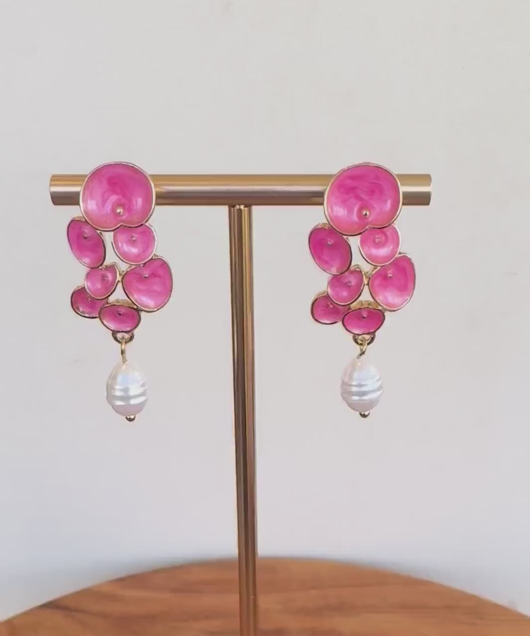 Pink Petal Cluster Earrings with Baroque Pearl Drops