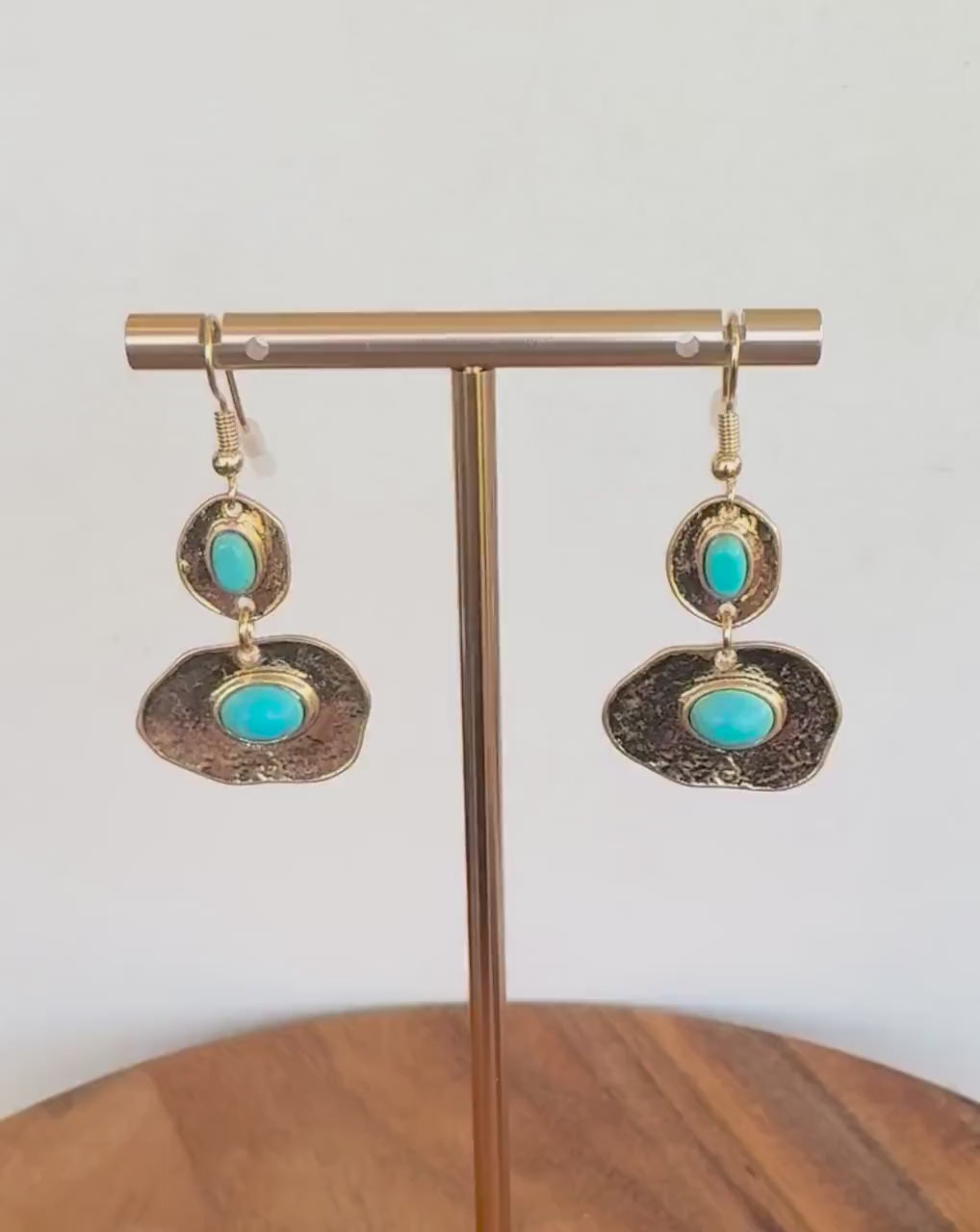 Antiqued Gold and Turquoise Cabochon Statement Drop Earrings