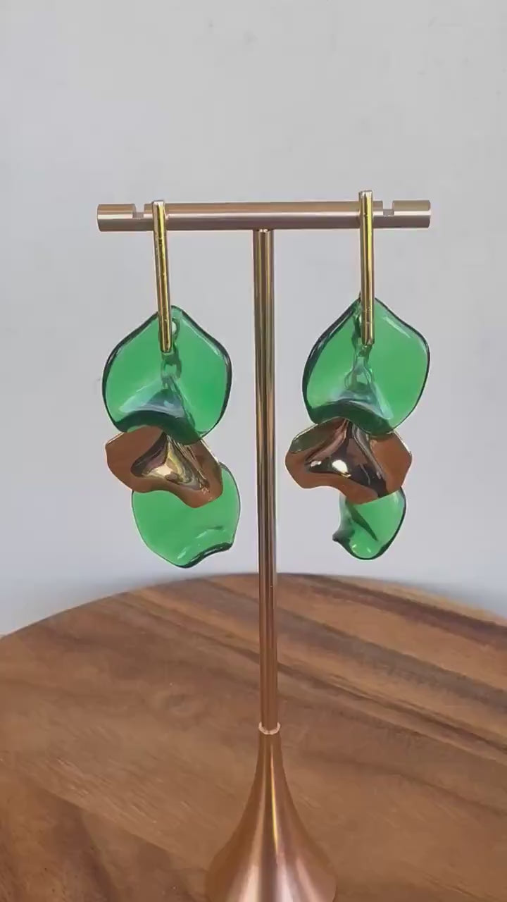 Emerald Green and Gold Petal Drop Earrings