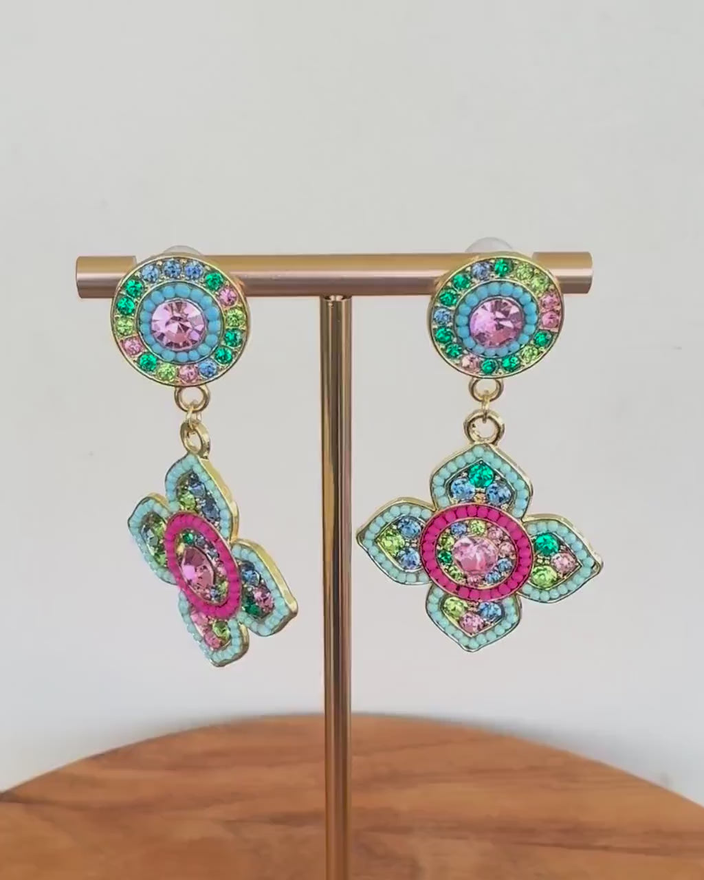 Pink Blue Green Mosaic Clover Drop Earrings