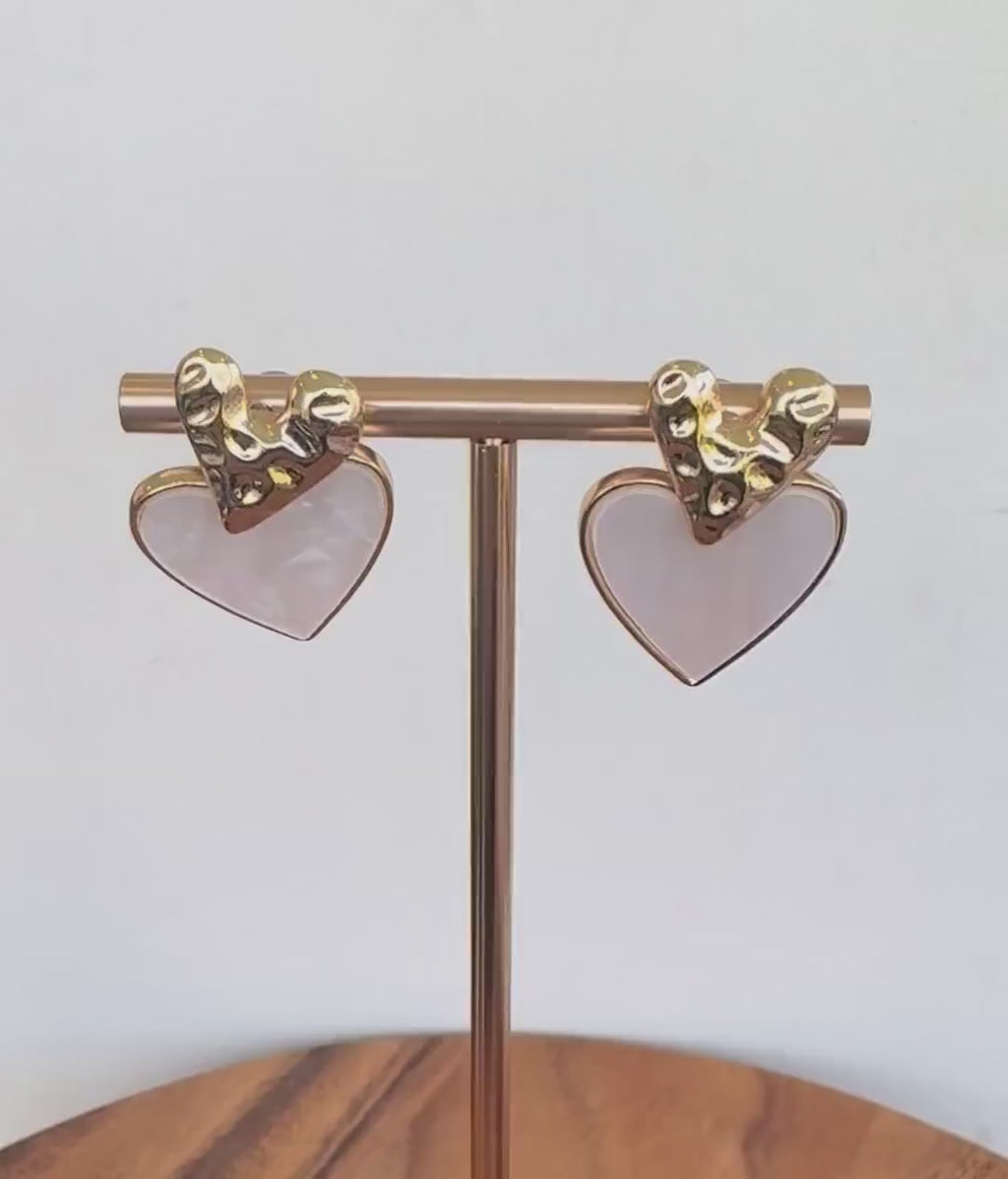 Hammered Gold Double Heart Earrings with pearlised drop