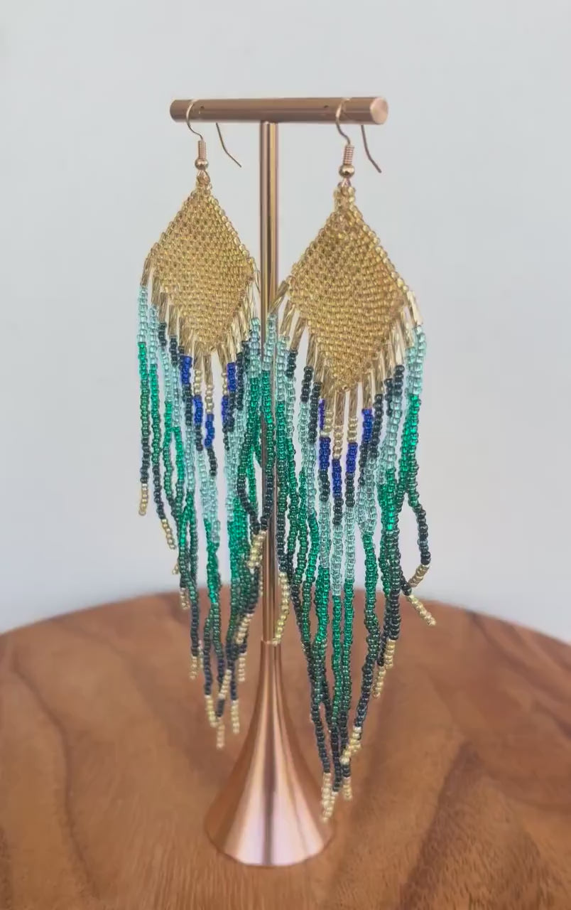 Teal & Gold Peacock Coloured Fringed Beaded Earrings