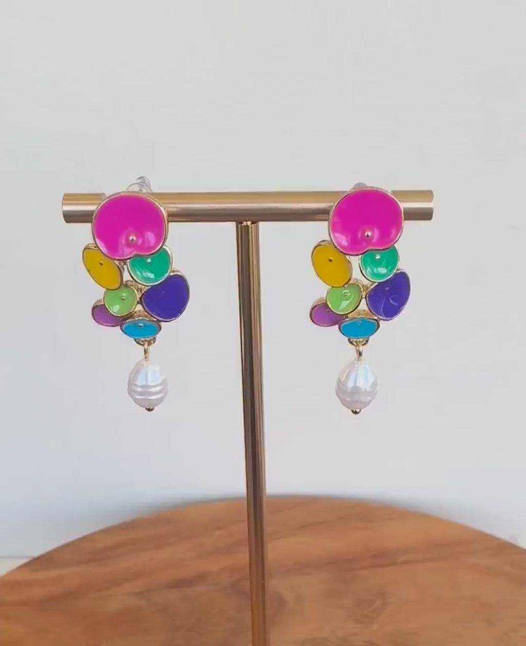 Rainbow Petal Cluster Earrings with Baroque Pearl Drops