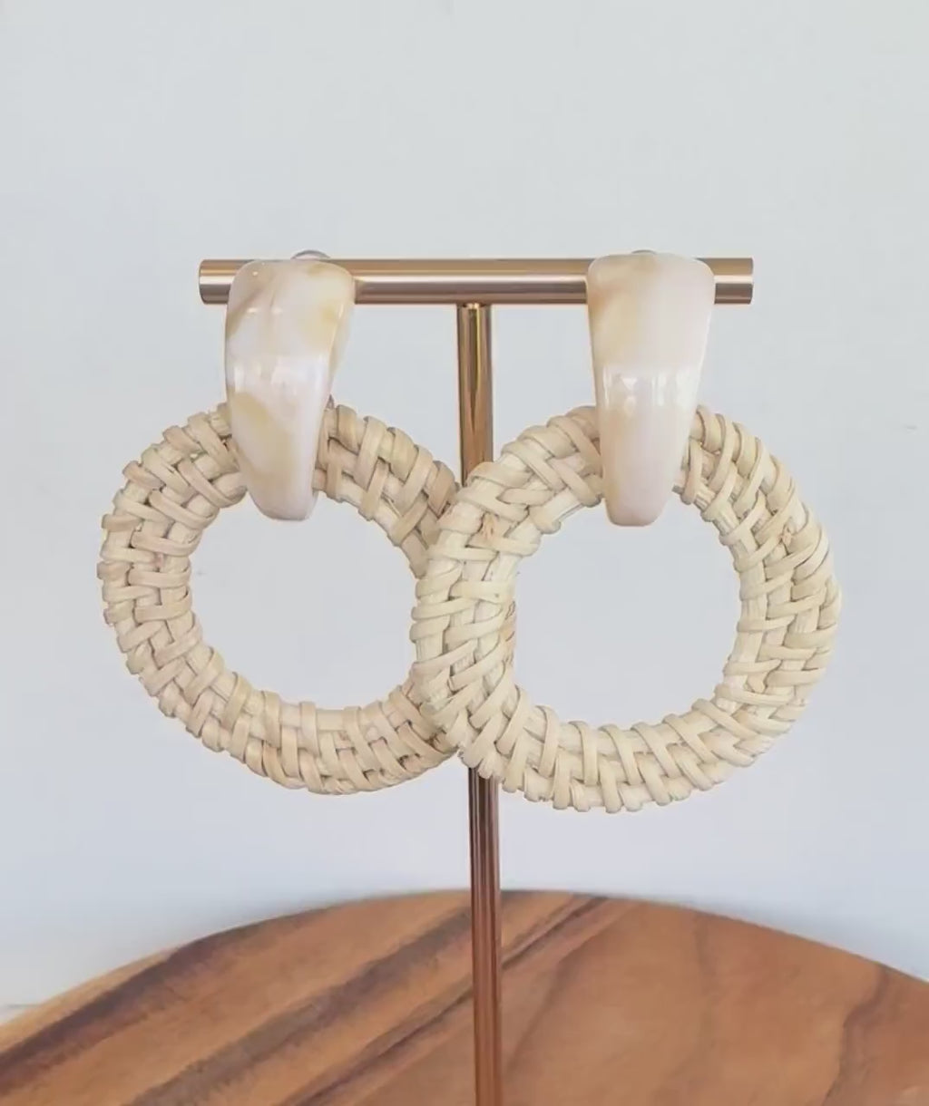 Beach House Cream Resin Rattan Hoop Drop Earrings