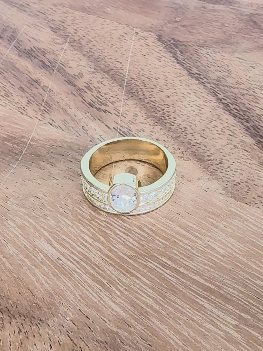 Gold Wide Band Round CZ Bezel Ring with Stone Rows