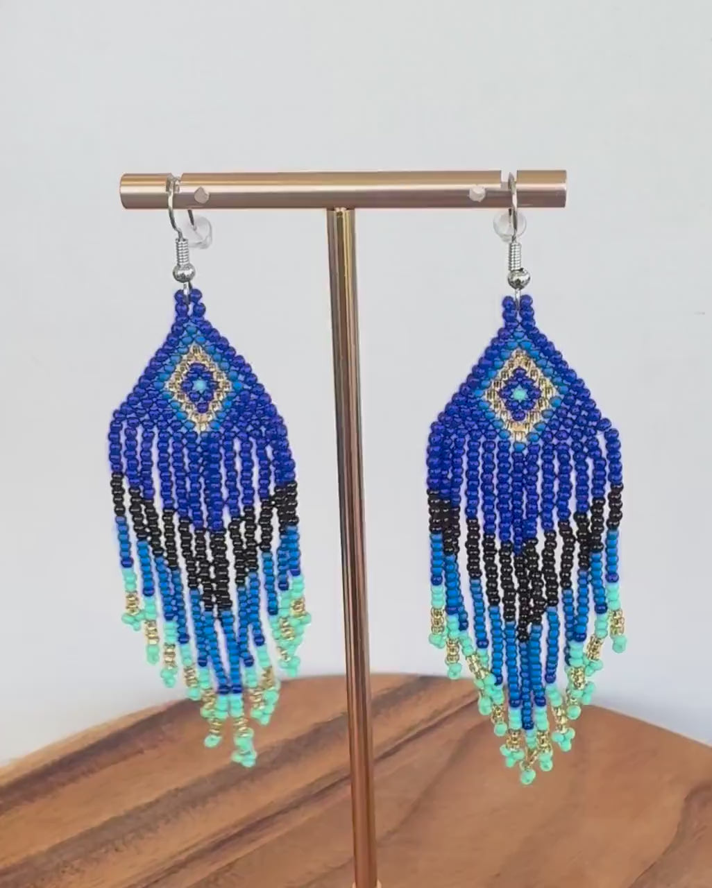 Deep Blue and Turquoise Peacock Fringe Beaded Earrings